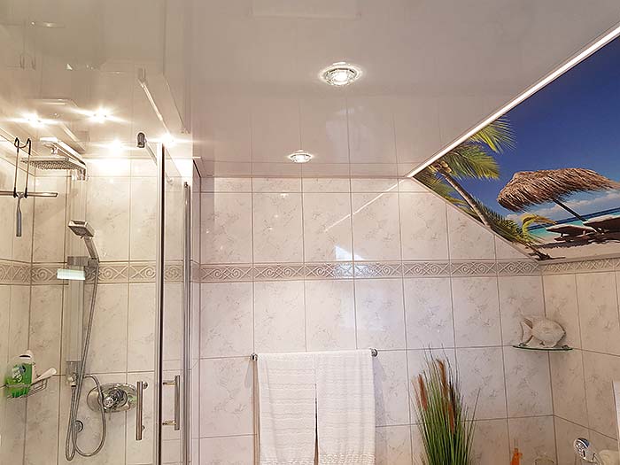 Die PLAMECO-Lackspanndecke passt ideal zum Fotomotiv. Die Leuchten runden die Gestaltung der Badezimmerdecke ab.